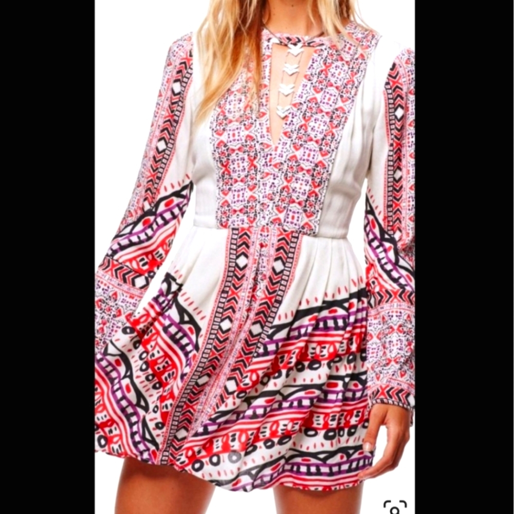 Free People Tegan long sleeve mini dress pink Tribal Print size 4